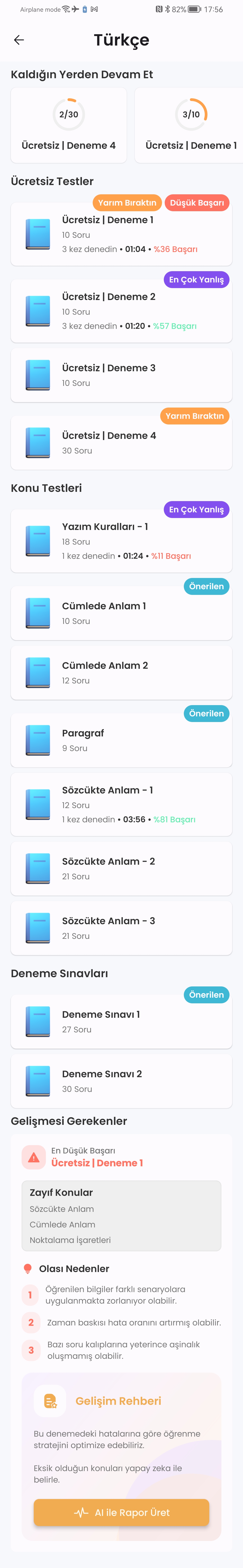 Ders detay ve test seçim sayfası